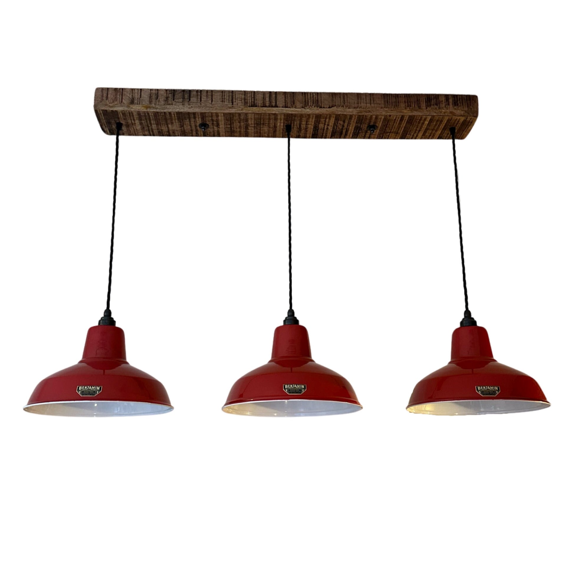 Filby ~ 3 x Red Lampshade Pendant Set Wooden Track Light | Dining Room | Kitchen Table