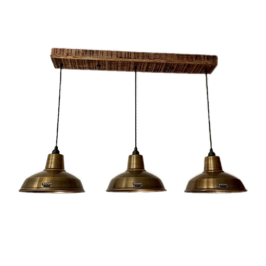 Filby ~ 3 x Antique Brass Lampshade Pendant Set Wooden Track Light | Kitchen Table