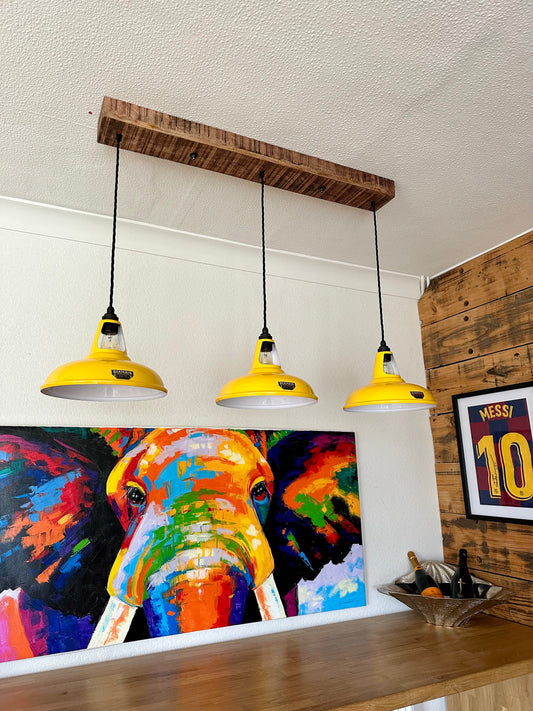 Cawston ~ 3 x Summer Yellow Lampshade Pendant Set Wooden Track Light | Dining Room | Kitchen Table