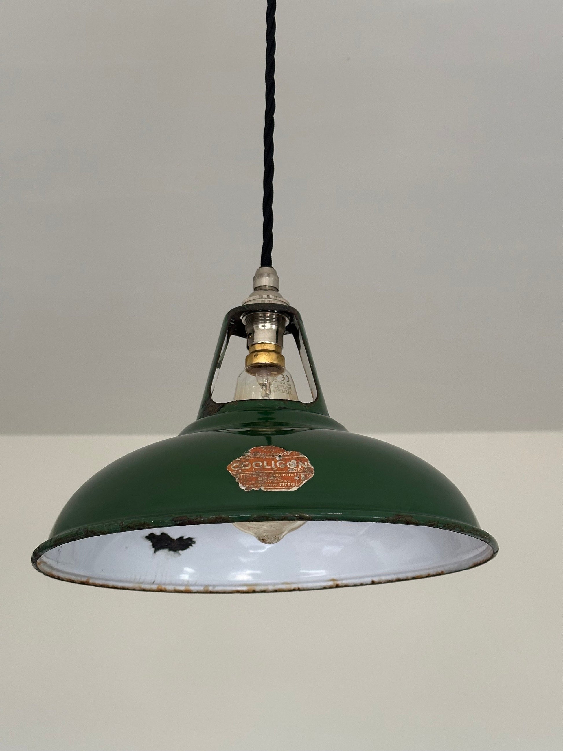 Geniune Green Solid Coolicon 1932 Shade Pendant Set Light | Ceiling Dining Room | Antique Restored | Kitchen Table | Vintage Filament Bulb