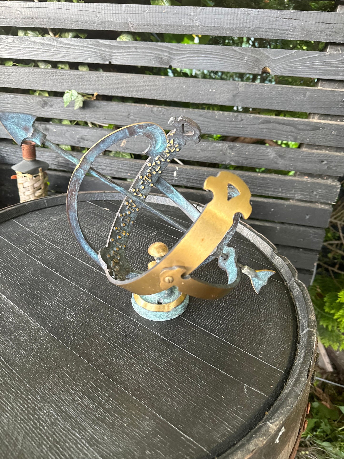 Armillary Small Sphere Sundial Solid Brass and Verdigris Patina Bronze Sculpture Sun Dial Watch Clock