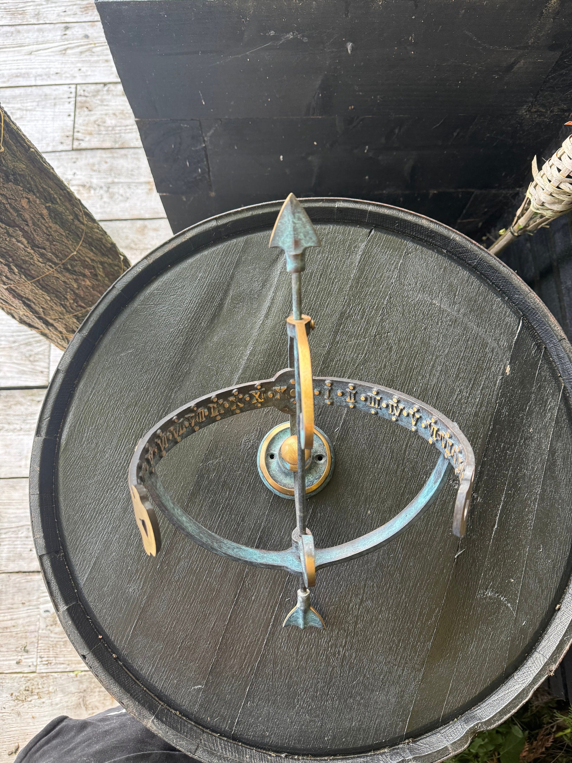 Armillary Small Sphere Sundial Solid Brass and Verdigris Patina Bronze Sculpture Sun Dial Watch Clock