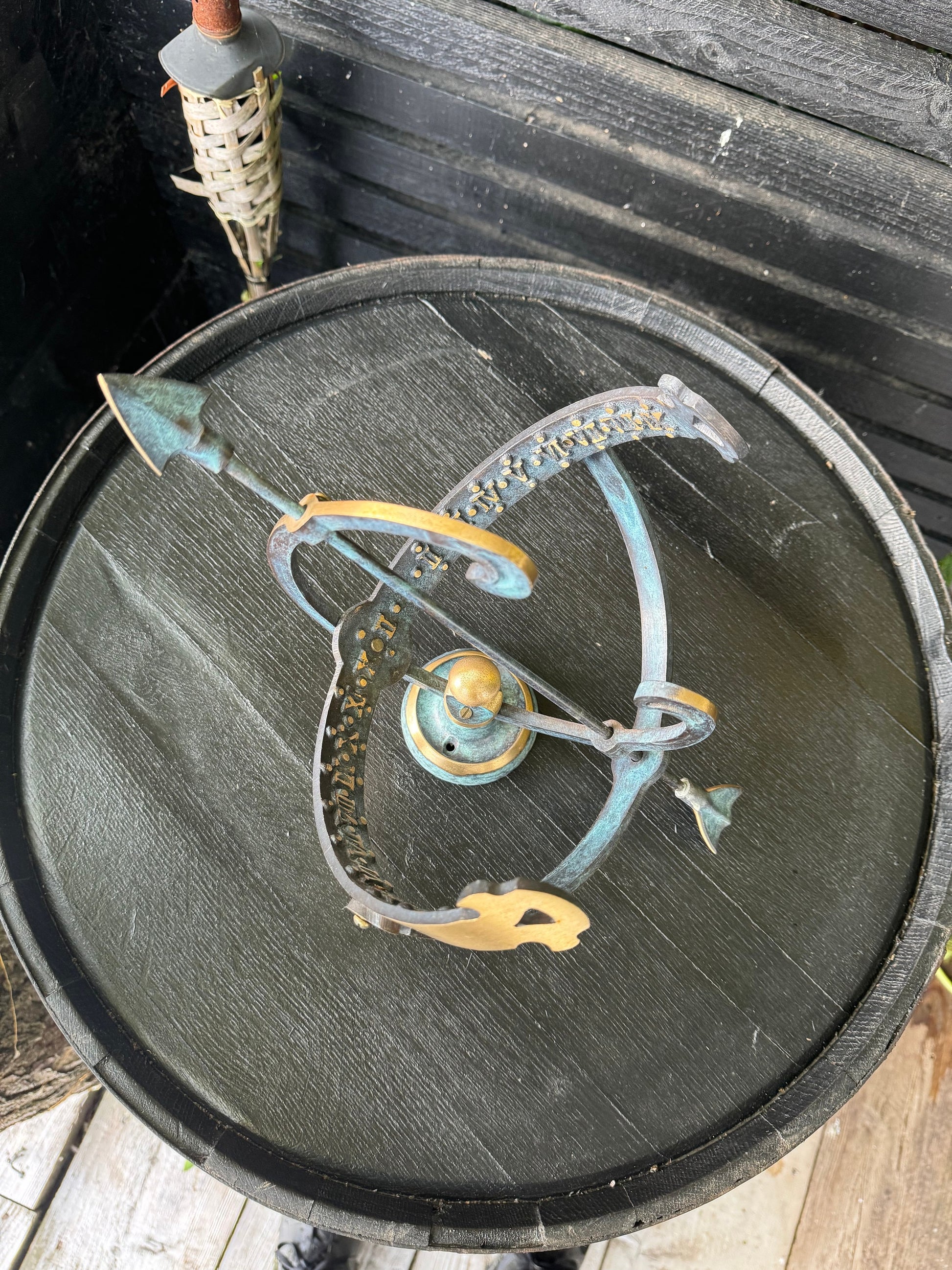 Armillary Small Sphere Sundial Solid Brass and Verdigris Patina Bronze Sculpture Sun Dial Watch Clock