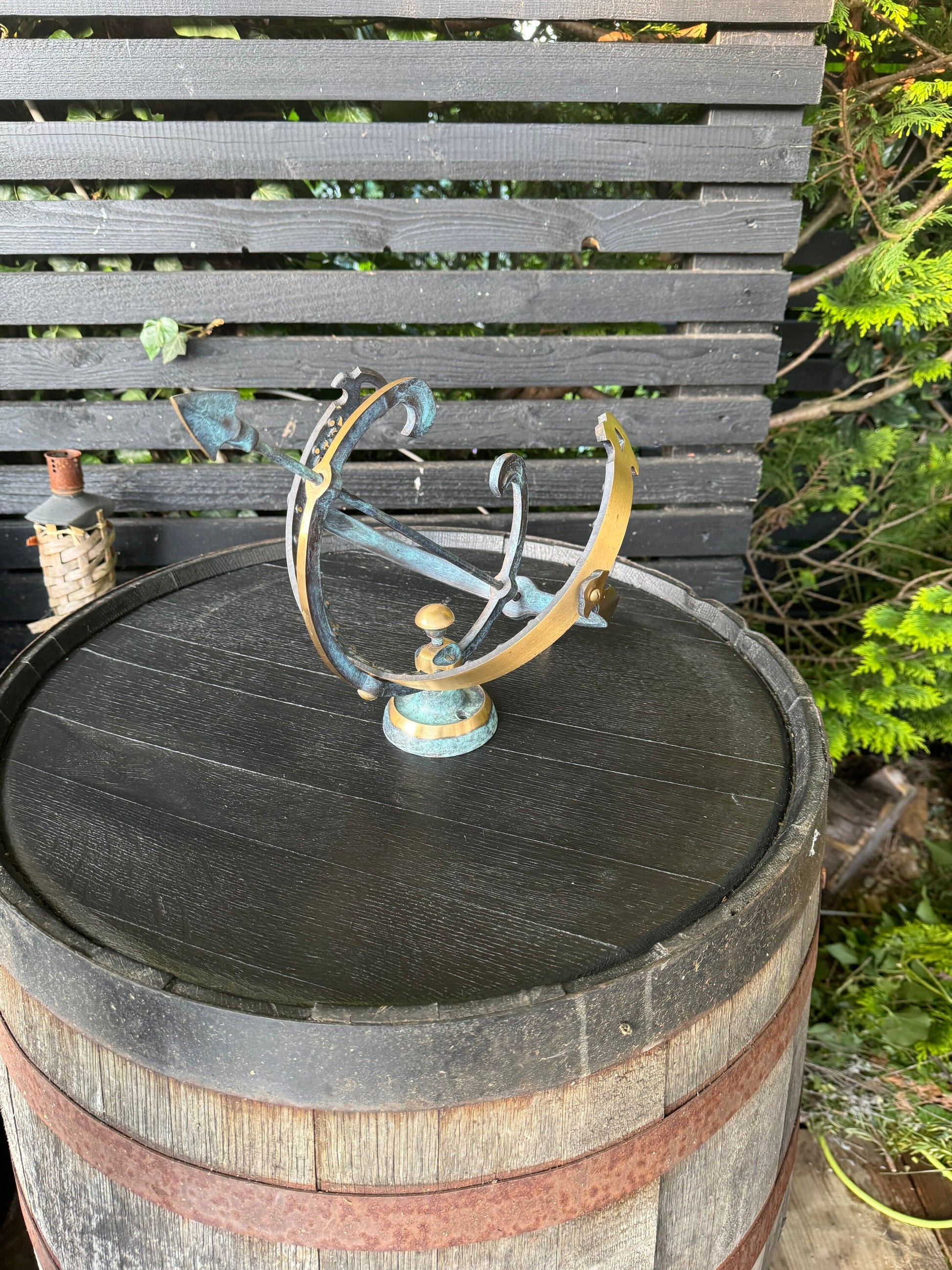 Armillary Small Sphere Sundial Solid Brass and Verdigris Patina Bronze Sculpture Sun Dial Watch Clock