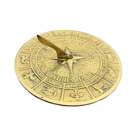Zodiac Solid Brass and Verdigris Patina Bronze Sculpture Sun Dial Watch Clock