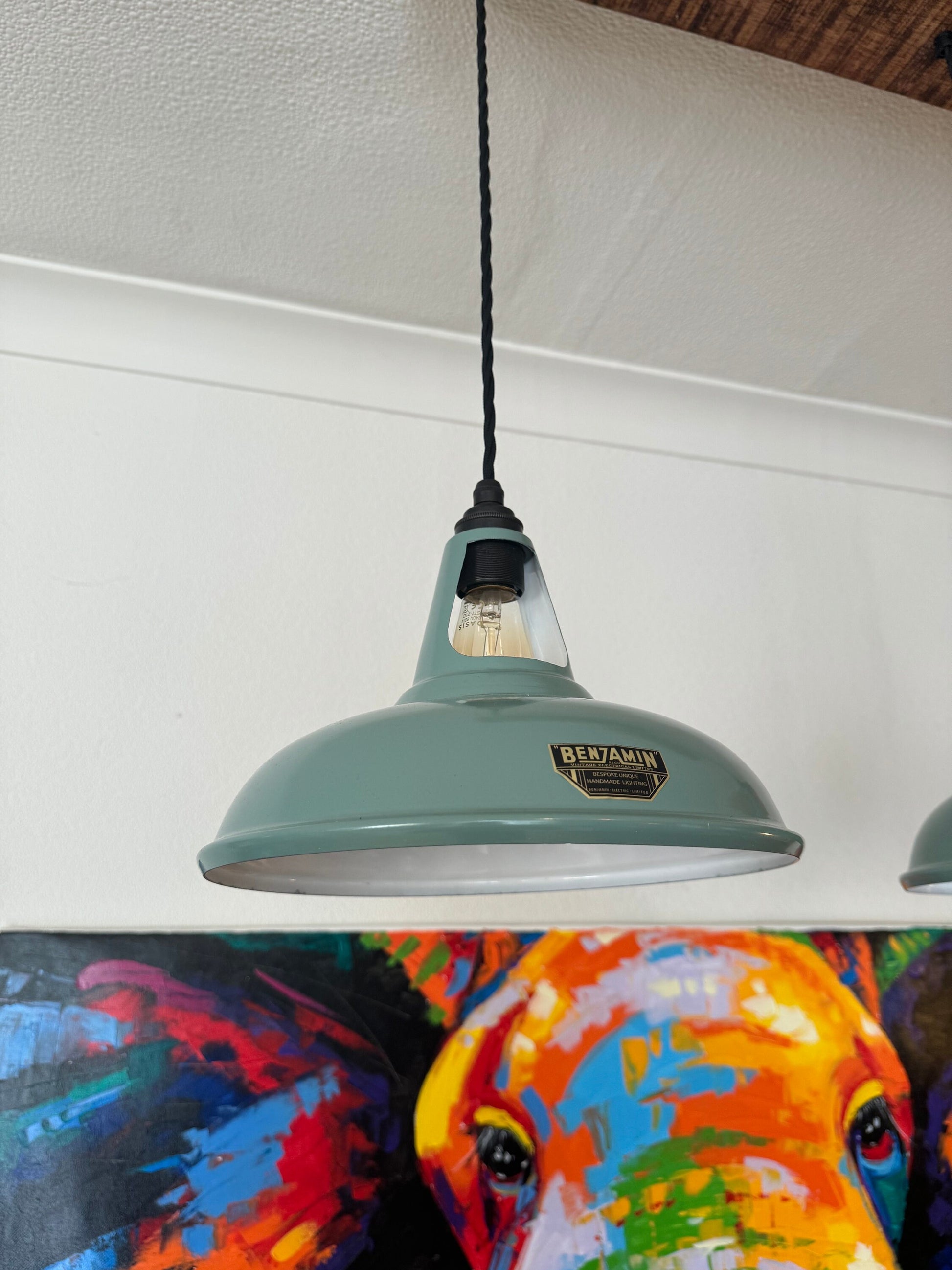 Cawston ~ 3 x Pistachio Green Lampshade Pendant Set Wooden Track Light | Dining Room | Kitchen Table