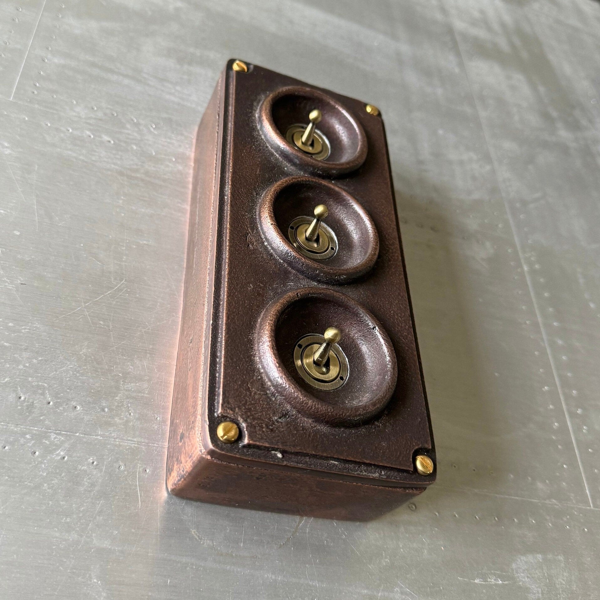 3 Gang Solid Cast Antique Copper Metal Conduit Light Switch Industrial 2 Way - BS EN Approved Vintage Crabtree 1950’s Style