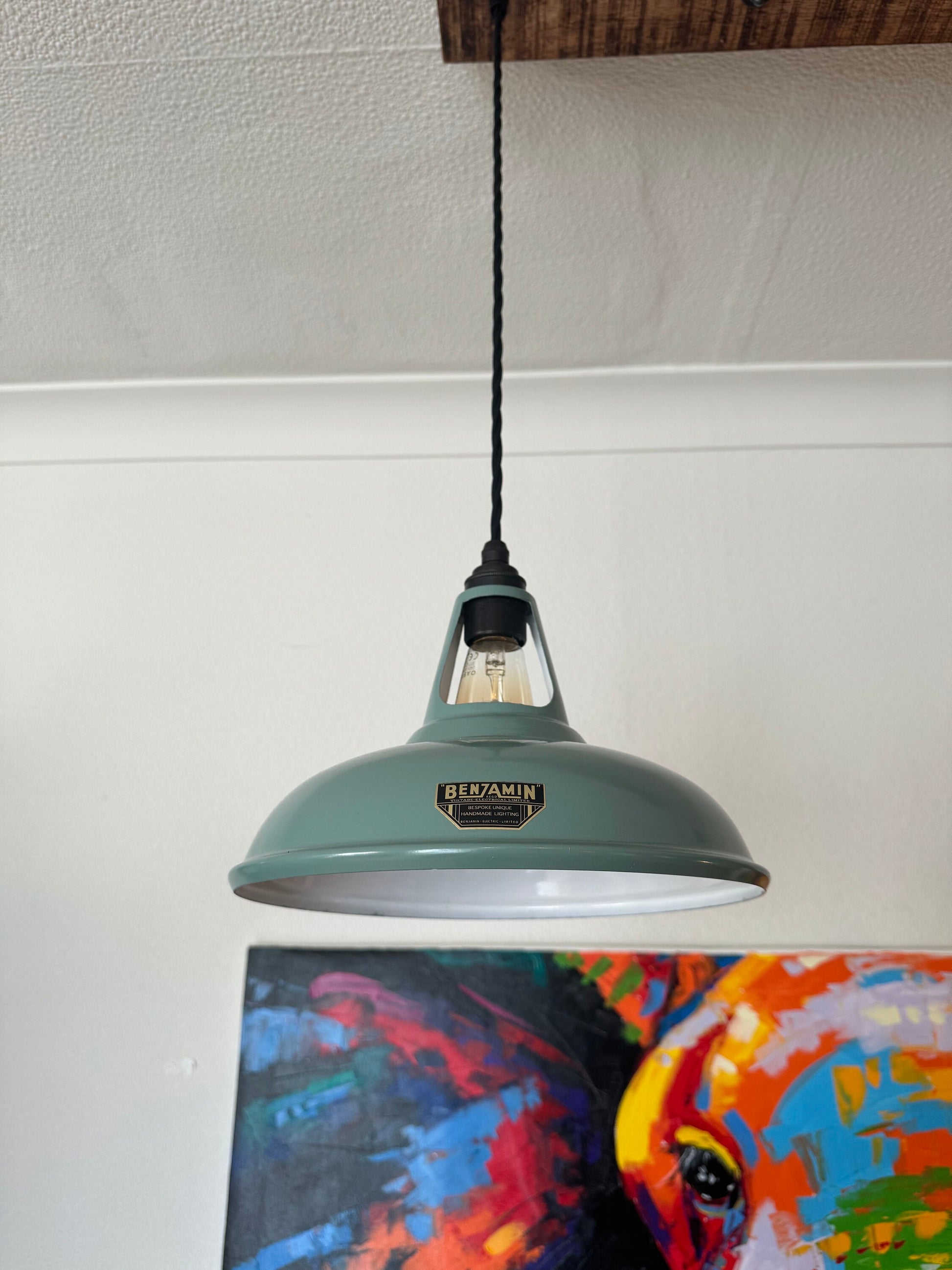Cawston ~ 3 x Pistachio Green Lampshade Pendant Set Wooden Track Light | Dining Room | Kitchen Table