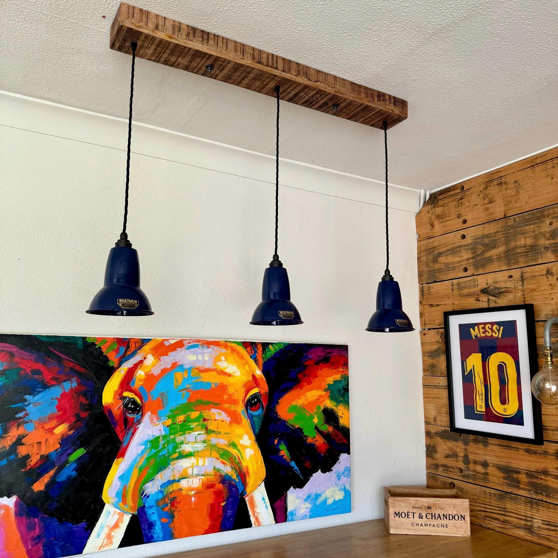 Alby x Royal Blue Lampshade Pendant Set Wooden Track Light Dining Room Kitchen Table No Bulb