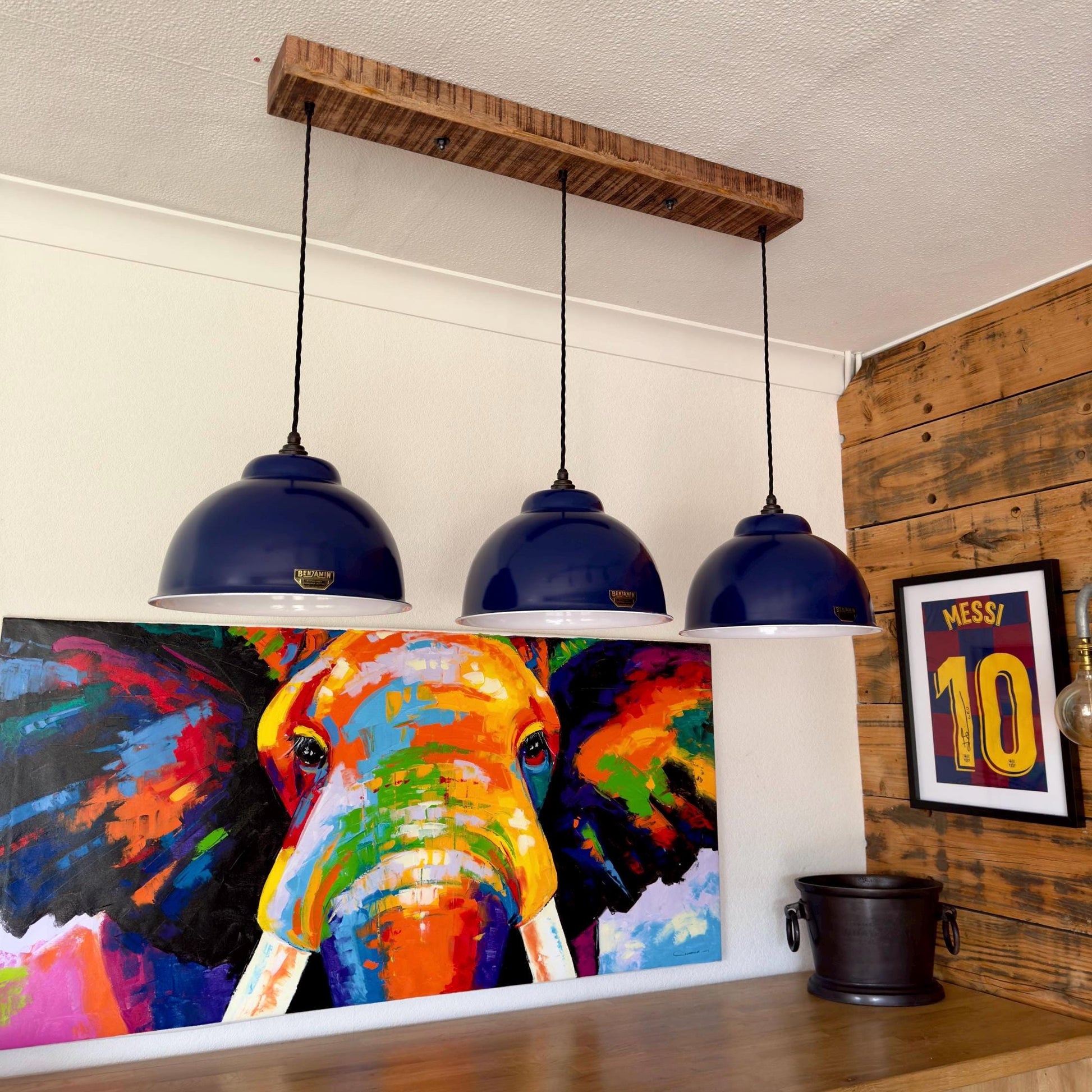 Morely XL x Royal Blue Lampshade Pendant Set Wooden Track Light Dining Room Kitchen Table No Bulb