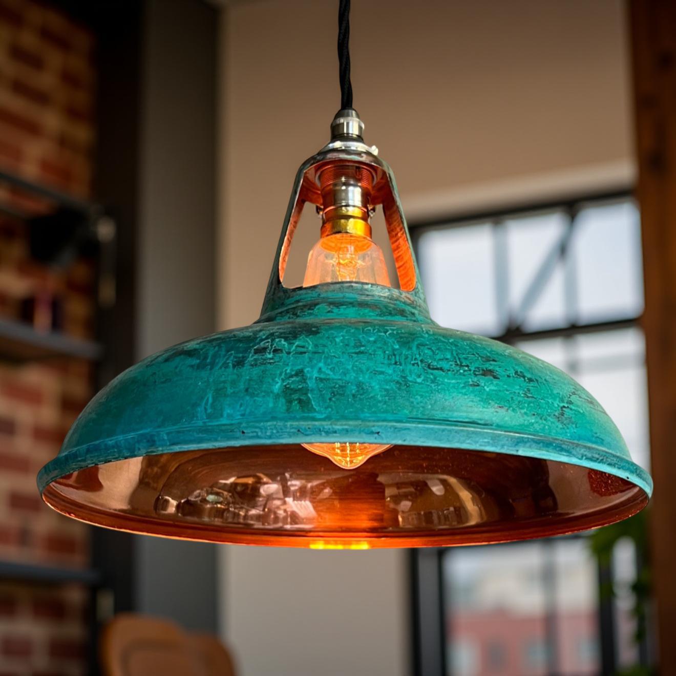 Cawston ~ Solid Copper Verdigris Patina Slotted Lampshade Pendant Set Light ~ 11 Inch