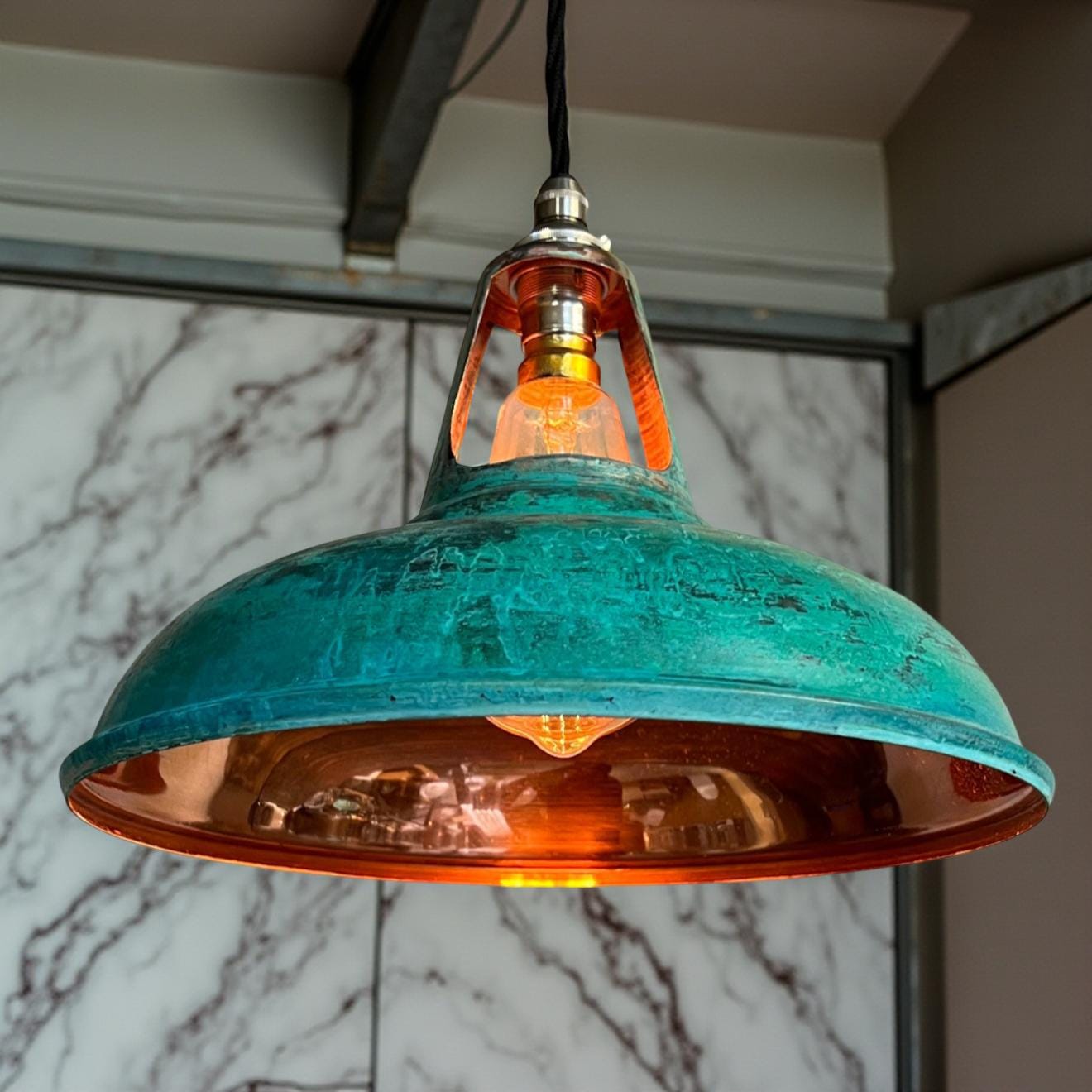 Cawston ~ Solid Copper Verdigris Patina Slotted Lampshade Pendant Set Light ~ 11 Inch