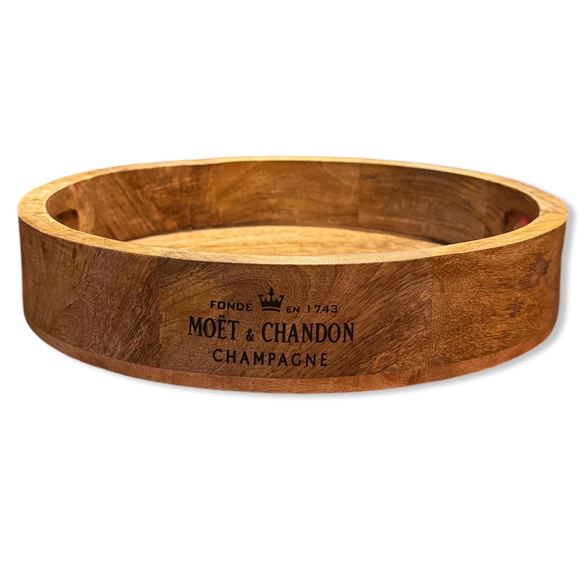Round Wooden Serving Tray Moët & Chandon Champagne Butlers Crate Storage Natural Finish
