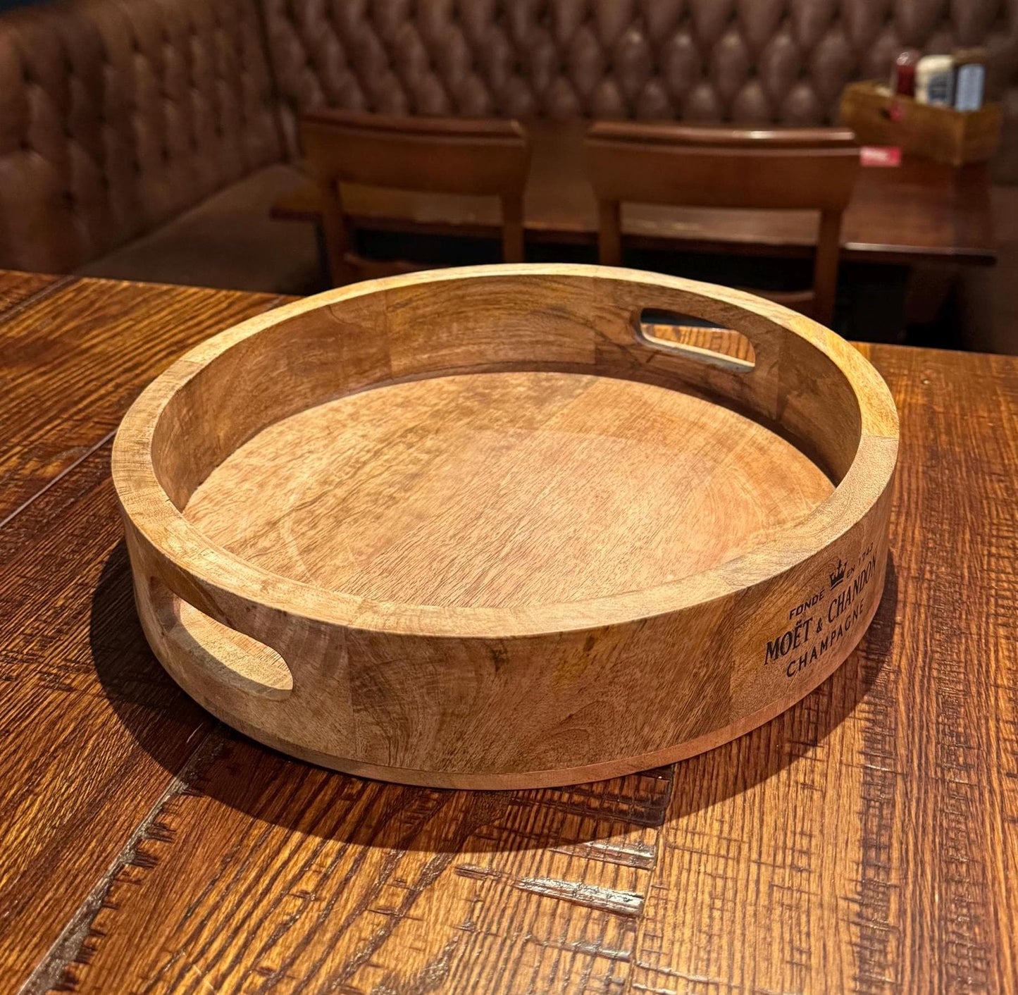 Round Wooden Serving Tray Moët & Chandon Champagne Butlers Crate Storage Natural Finish