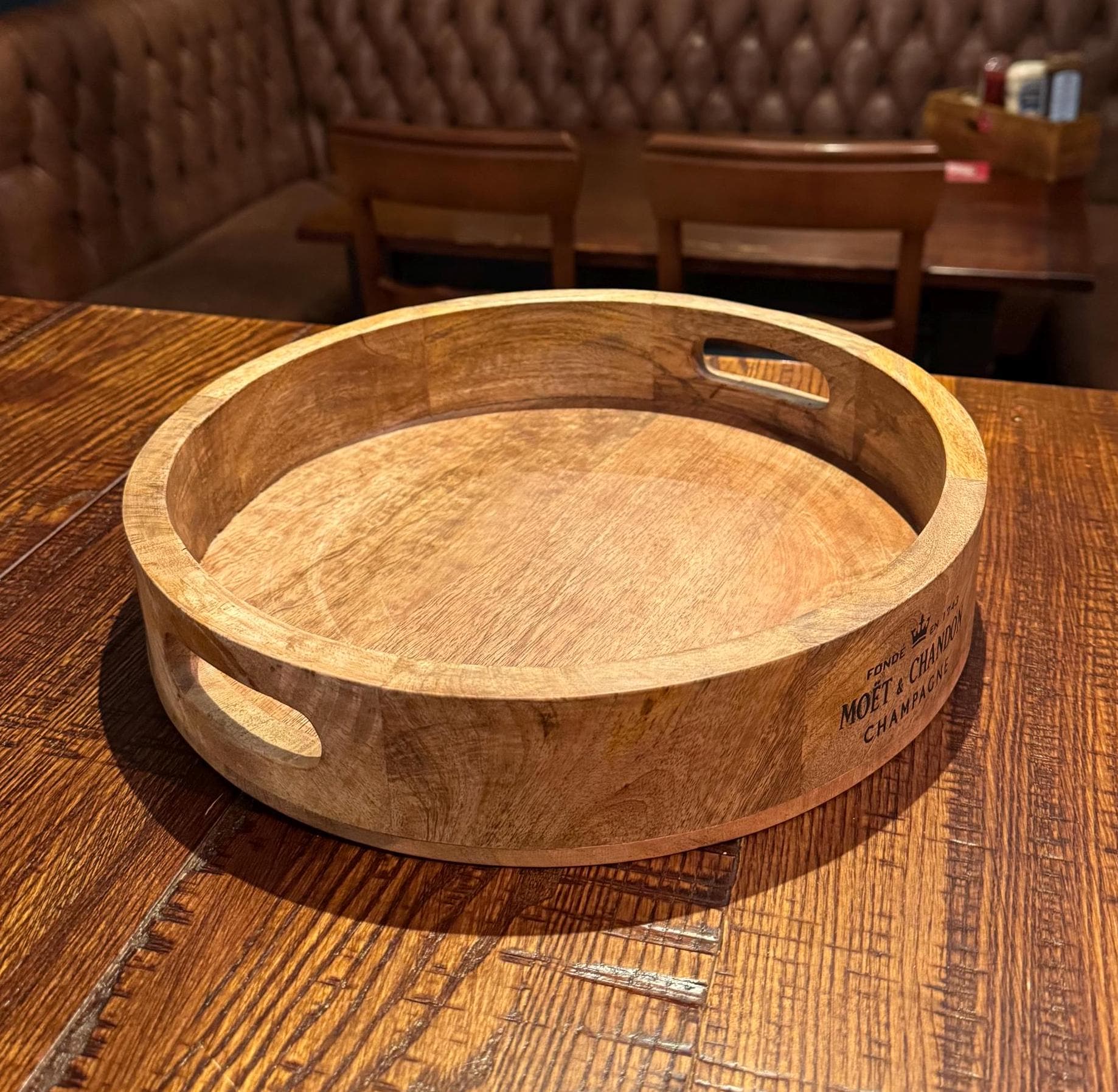 Round Wooden Serving Tray Moët & Chandon Champagne Butlers Crate Storage Natural Finish