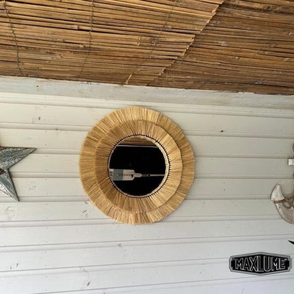Maxlume ~ Handmade Round Wall Glass Mirror in double contour cane raffia for an ultra trendy decoration | made by hand | 22 Inch
