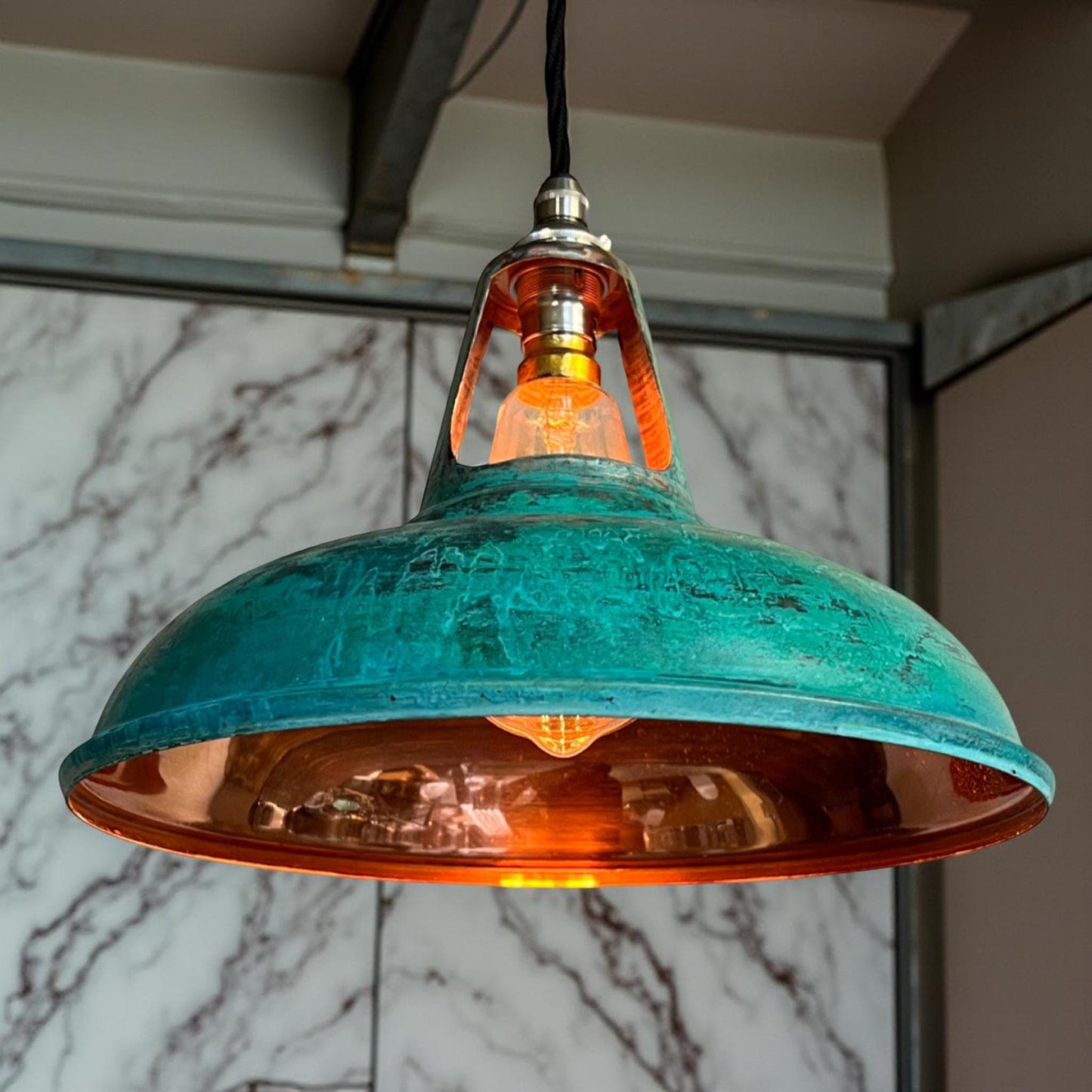 Cawston ~ Solid Copper Verdigris Patina Slotted Lampshade Pendant Set Light ~ 11 Inch
