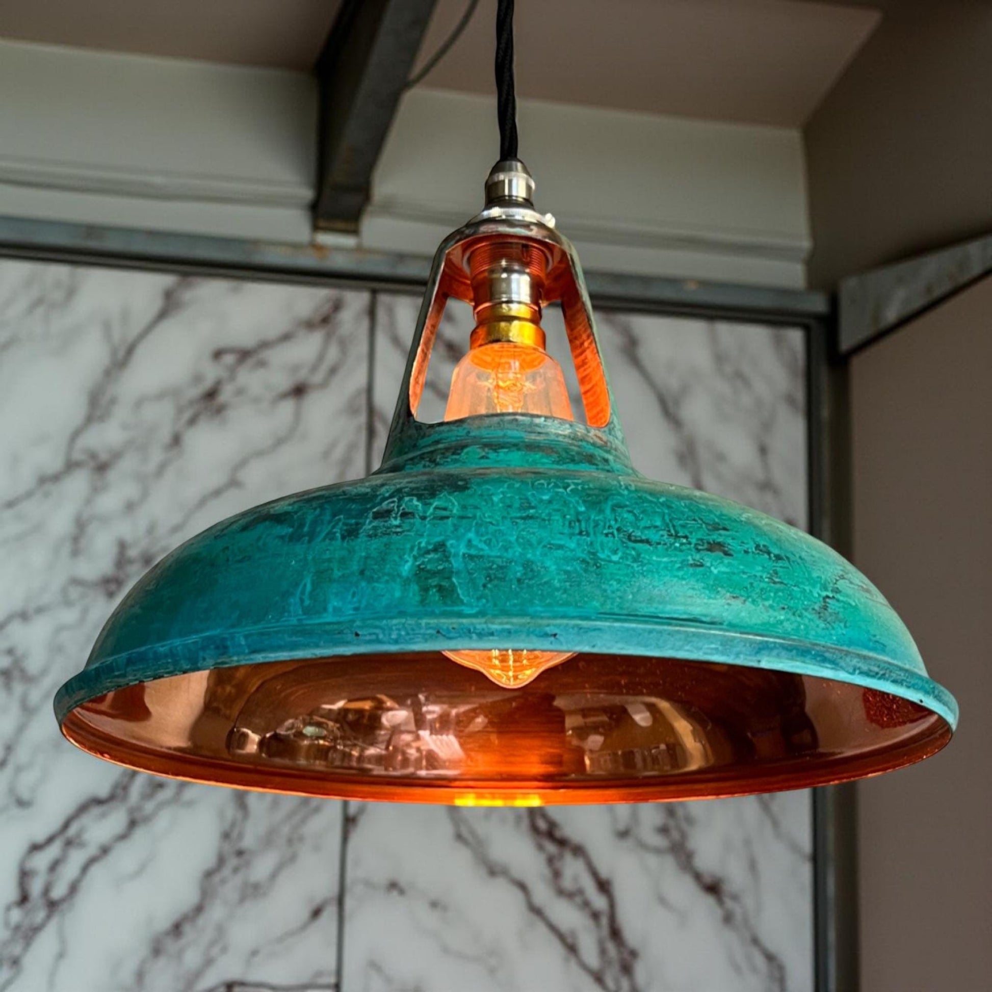 Cawston ~ Solid Copper Verdigris Patina Slotted Lampshade Pendant Set Light ~ 11 Inch