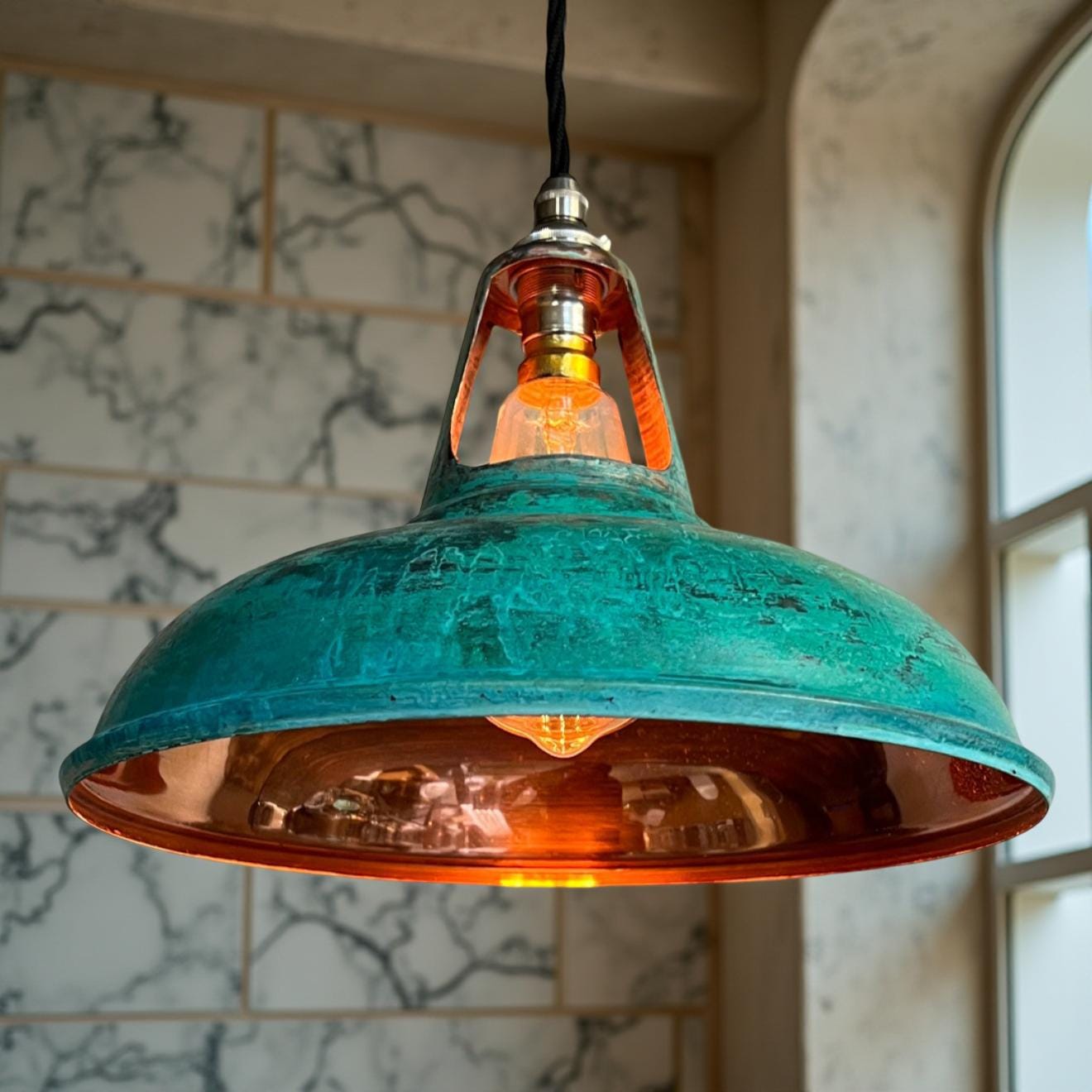 Cawston ~ Solid Copper Verdigris Patina Slotted Lampshade Pendant Set Light ~ 11 Inch
