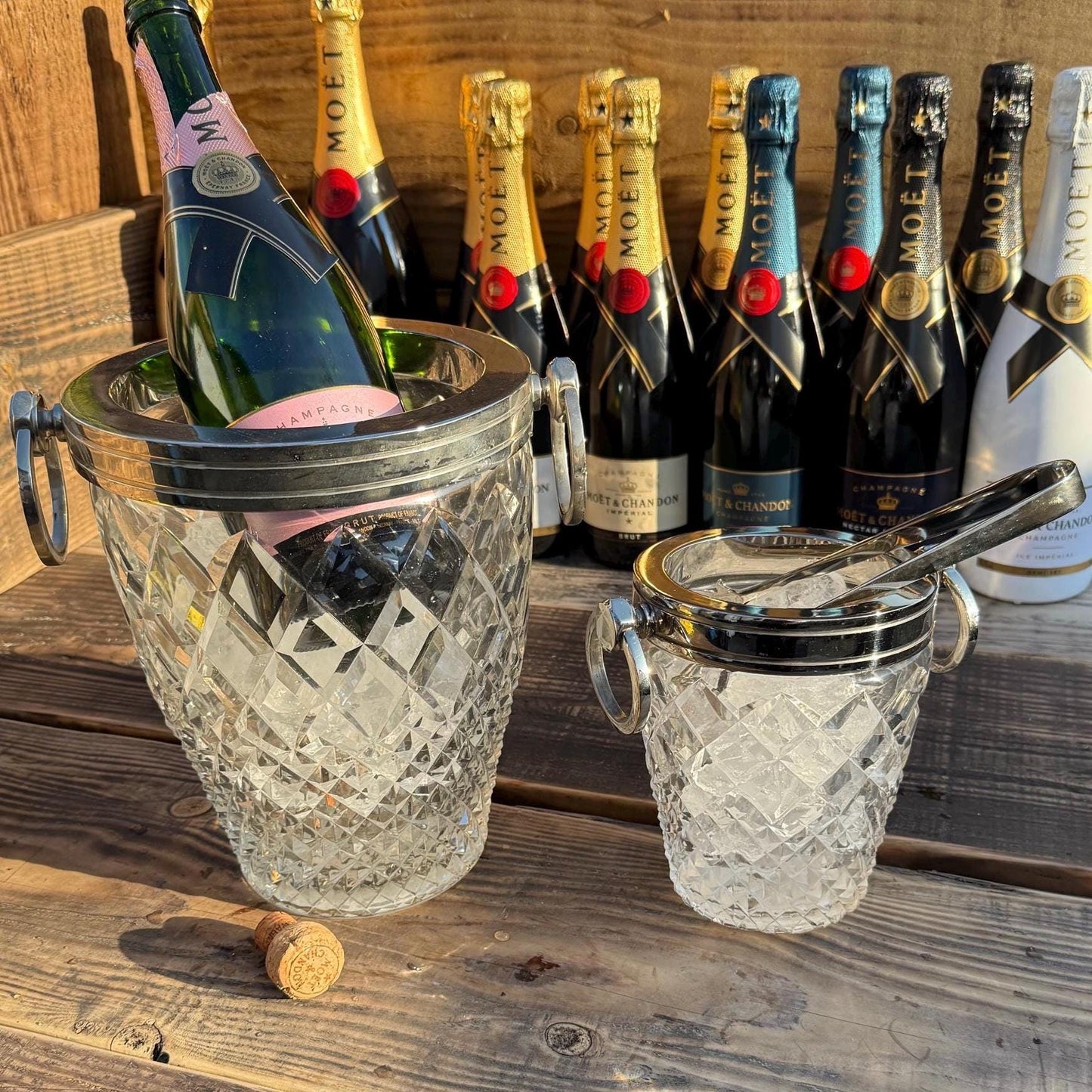Maxlume ~ Luxury 3 Piece Solid Glass Hand Cut Engraved Wine & Ice Cooler Champagne Glass Bucket French