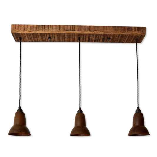 Alby ~ 3 x Rusted Lampshade Pendant Set Wooden Track Light | Dining Room | Kitchen Table