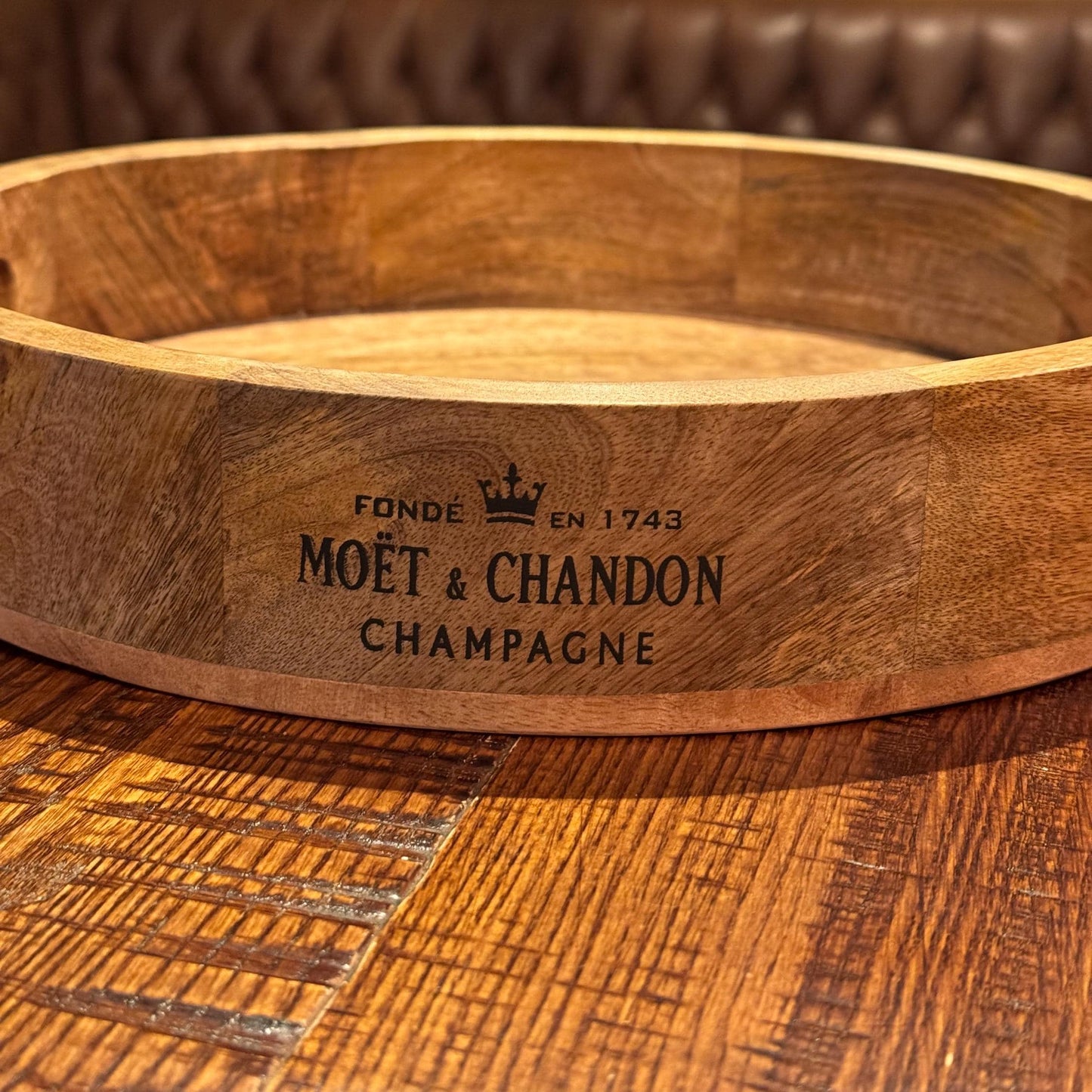 Round Wooden Serving Tray Moët & Chandon Champagne Butlers Crate Storage Natural Finish