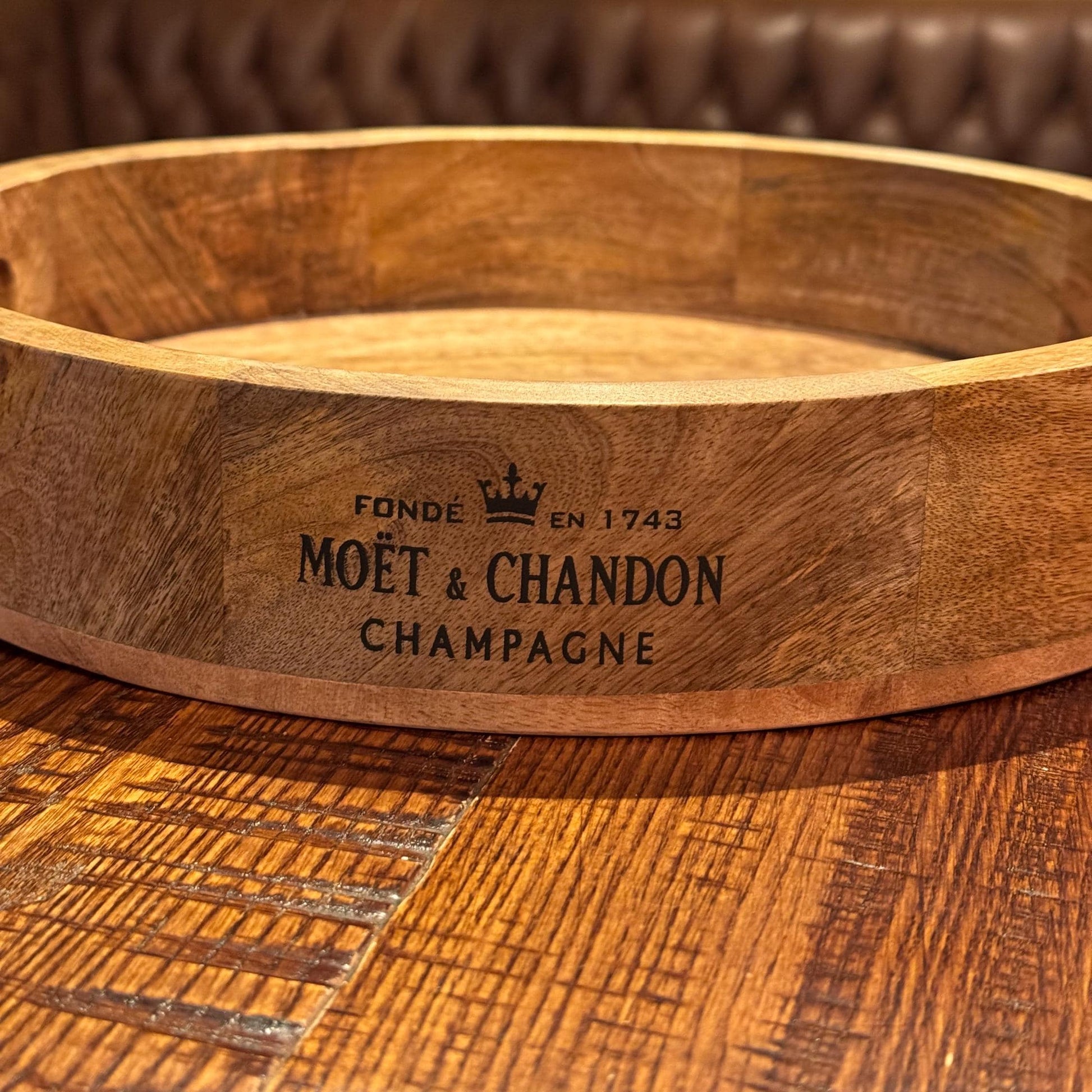 Round Wooden Serving Tray Moët & Chandon Champagne Butlers Crate Storage Natural Finish