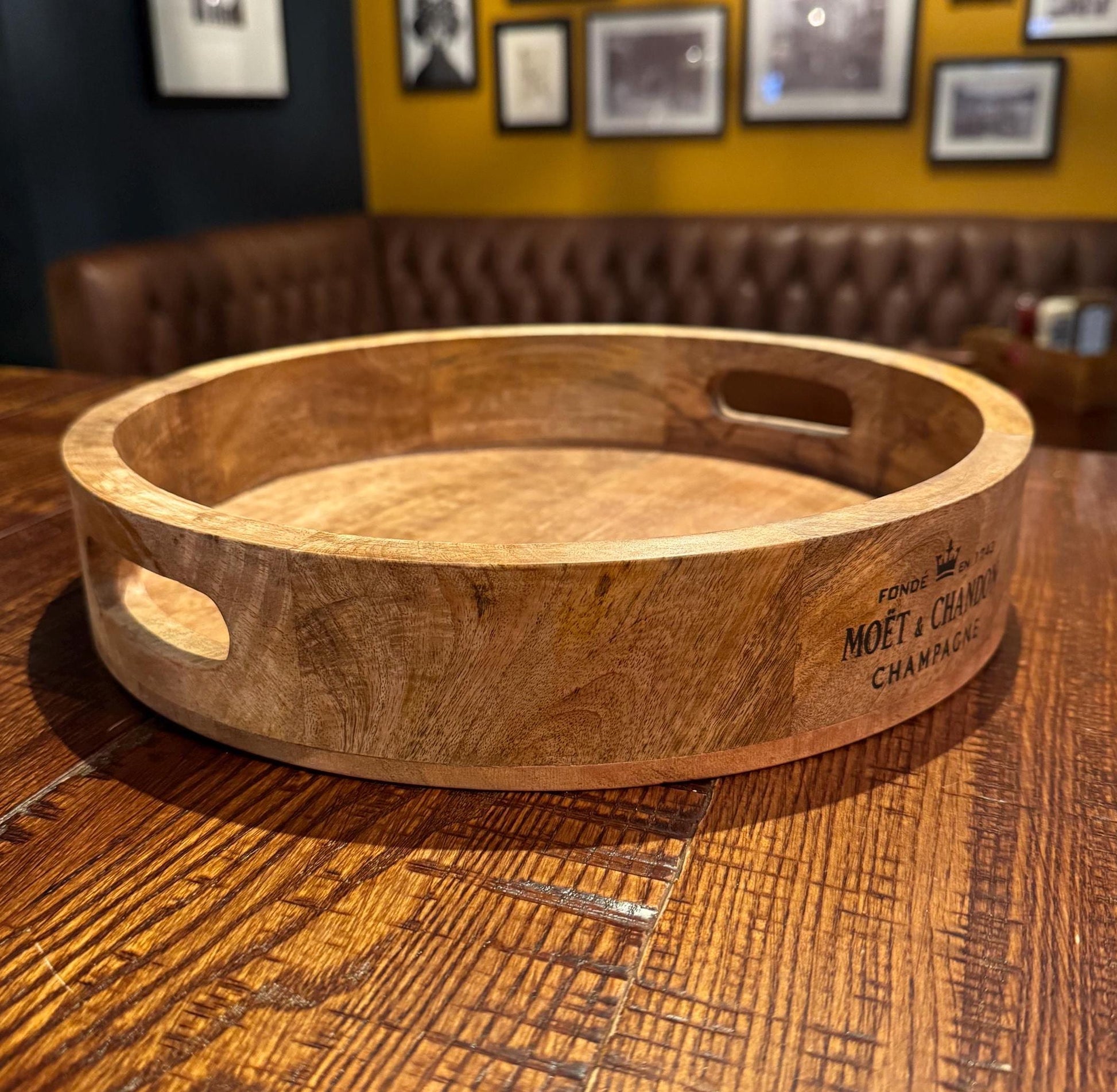 Round Wooden Serving Tray Moët & Chandon Champagne Butlers Crate Storage Natural Finish
