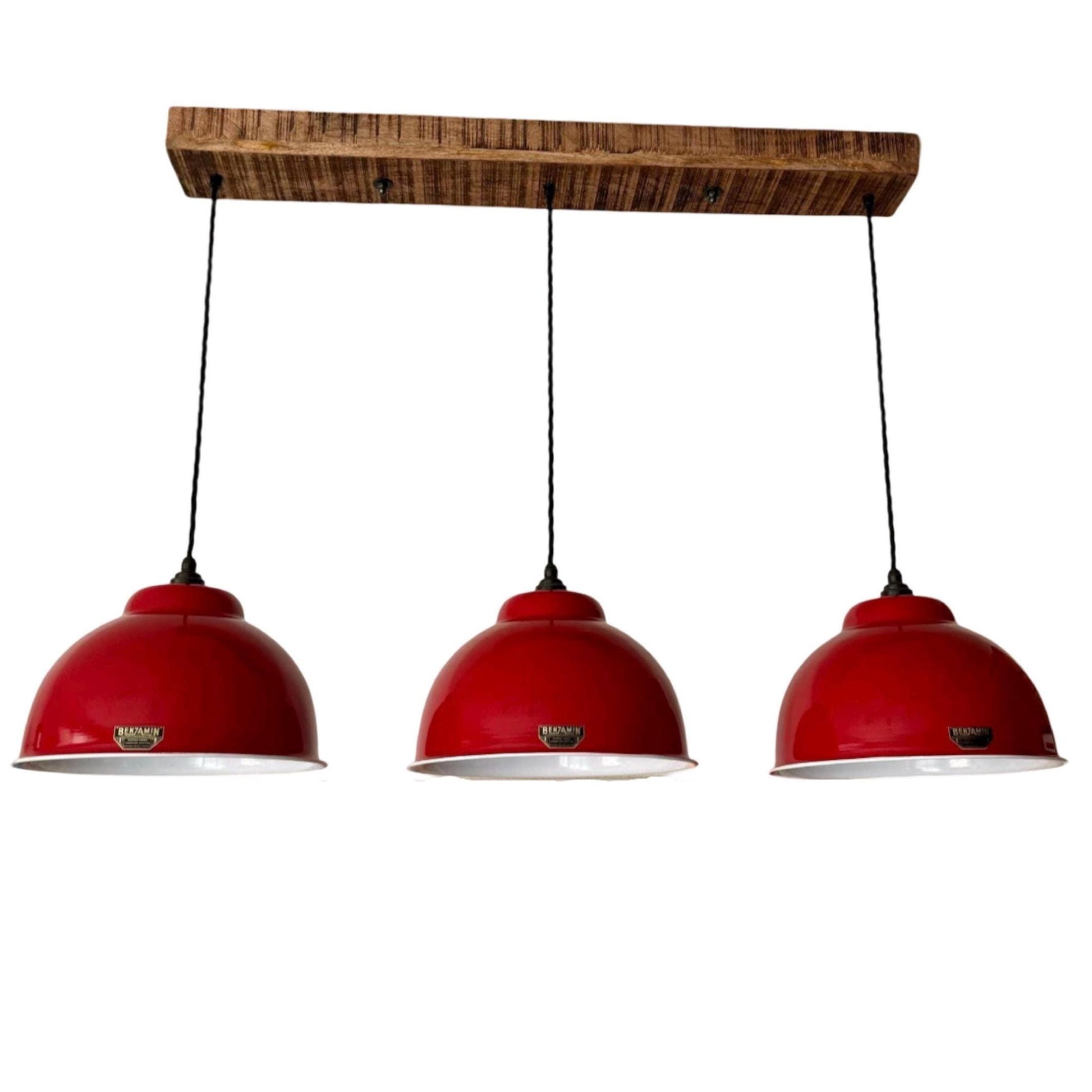 Morely XL ~ 3 x British Red Lampshade Pendant Set Wooden Track Light | Dining Room | Kitchen Table