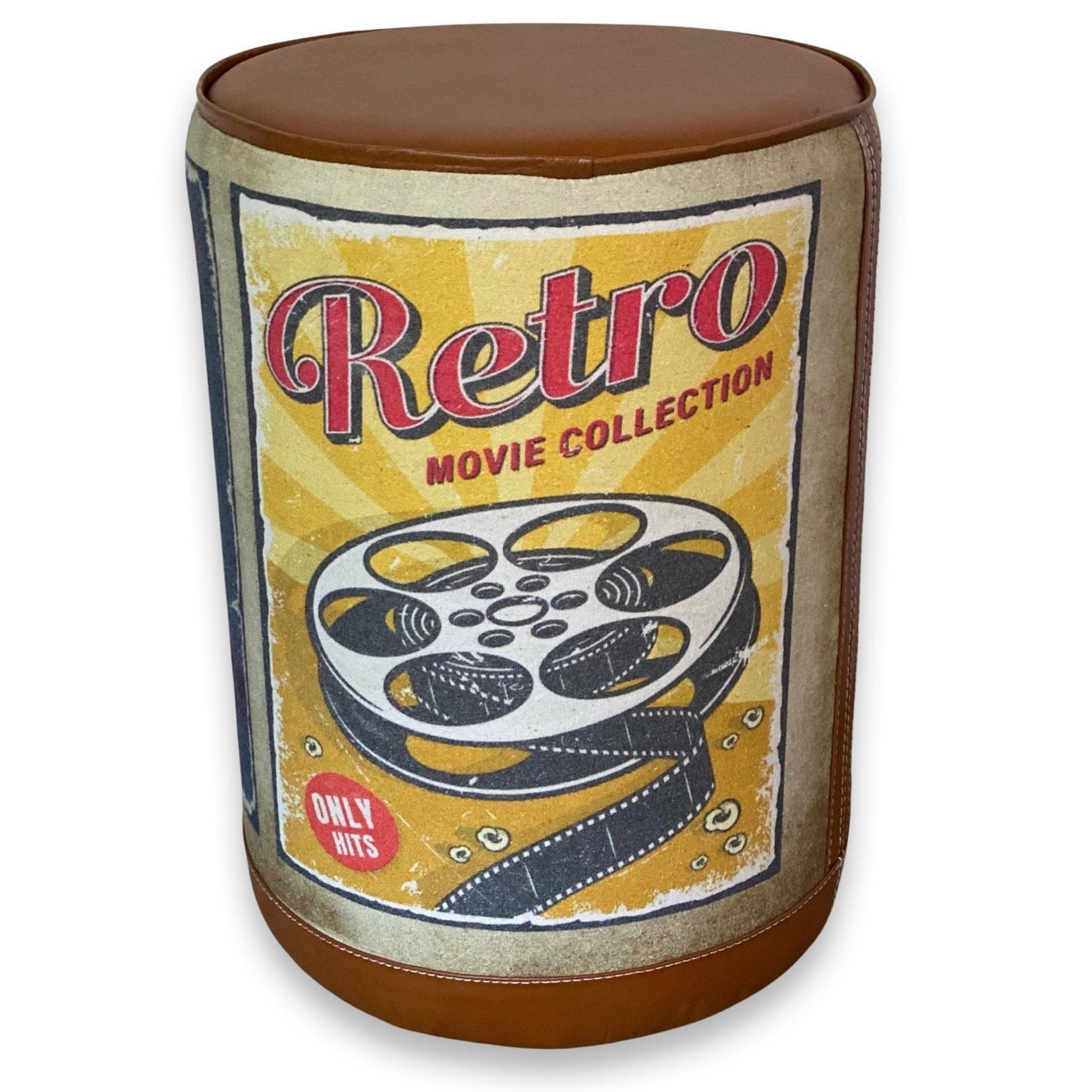 Pouffe ‘Movie Night’ Solid Base Genuine Leather Seat | Vintage Style | Floor Standing | Man Cave Foot Stool