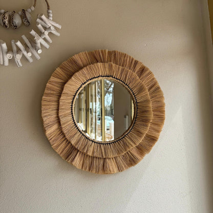 Maxlume ~ Handmade Round Wall Glass Mirror in double contour cane raffia for an ultra trendy decoration | made by hand | 22 Inch