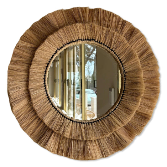 Maxlume ~ Handmade Round Wall Glass Mirror in double contour cane raffia for an ultra trendy decoration | made by hand | 22 Inch