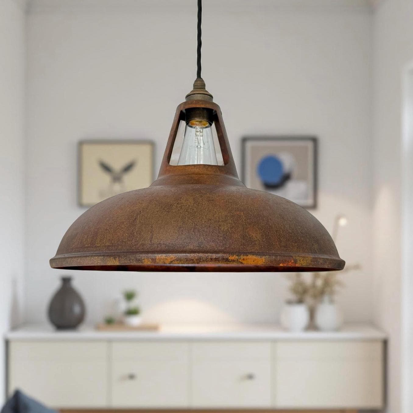 Cawston XL - Rusted Solid Steel Slotted Lampshade Pendant Set Light - 14 Inch