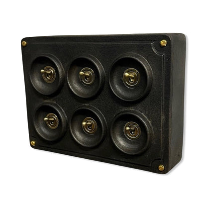 6 Gang 2 Way Black Zinc Solid Cast Metal Conduit Light Switch Industrial - BS EN Approved Vintage Crabtree 1950’s Style