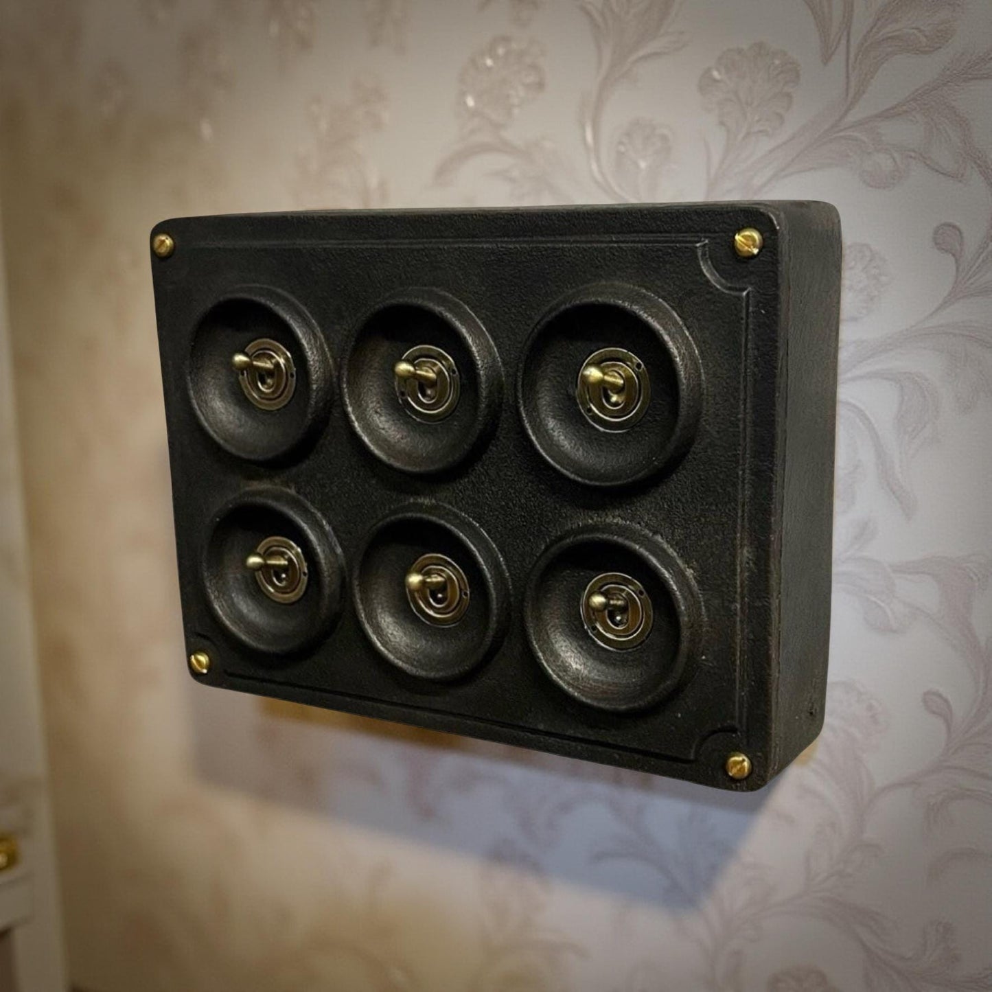 6 Gang 2 Way Black Zinc Solid Cast Metal Conduit Light Switch Industrial - BS EN Approved Vintage Crabtree 1950’s Style