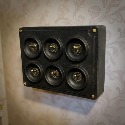 6 Gang 2 Way Black Zinc Solid Cast Metal Conduit Light Switch Industrial - BS EN Approved Vintage Crabtree 1950’s Style