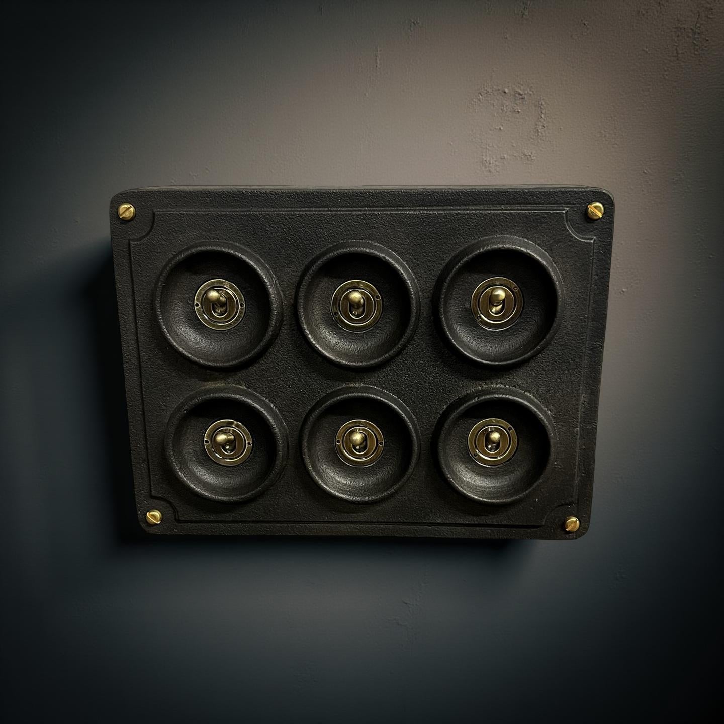 6 Gang 2 Way Black Zinc Solid Cast Metal Conduit Light Switch Industrial - BS EN Approved Vintage Crabtree 1950’s Style