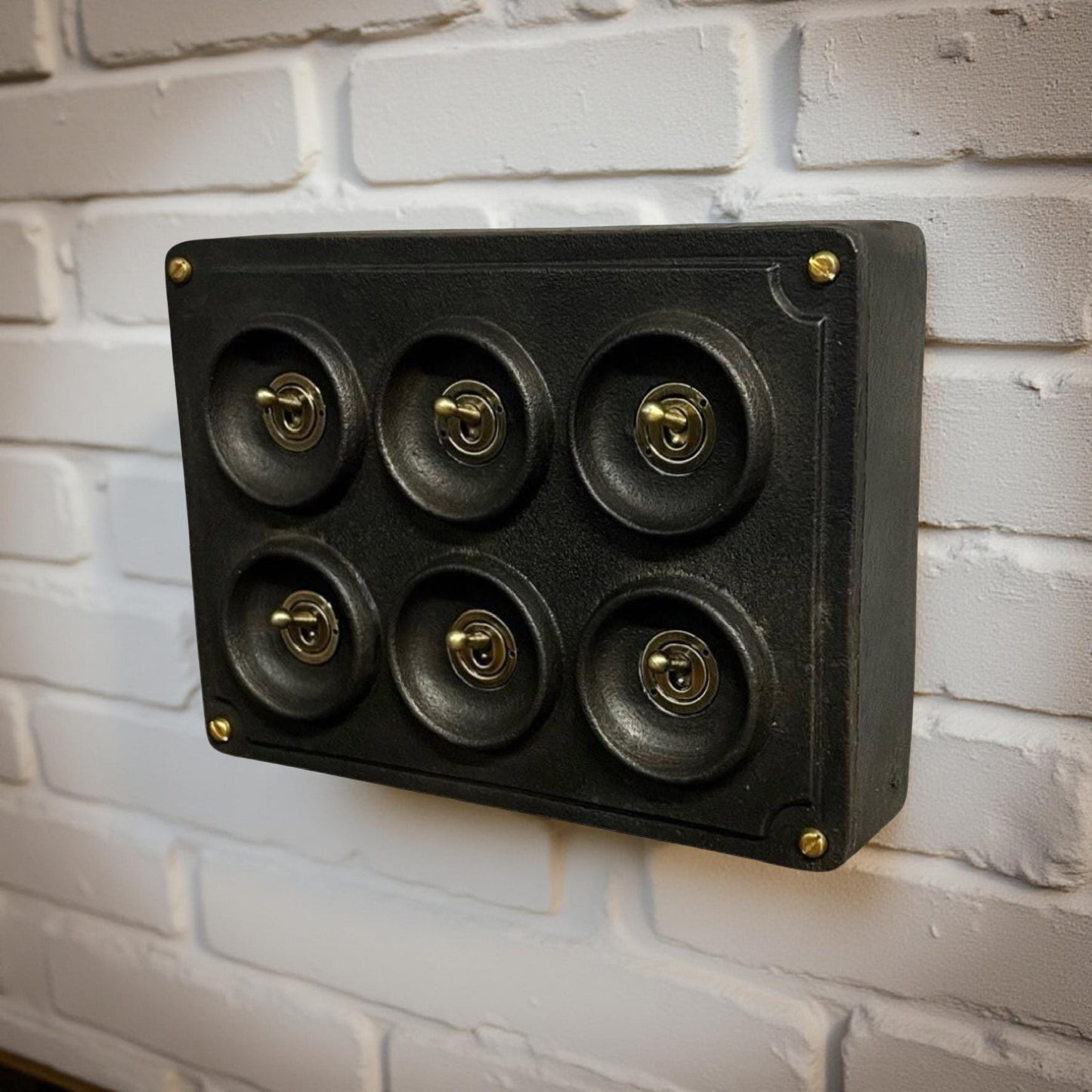 6 Gang 2 Way Black Zinc Solid Cast Metal Conduit Light Switch Industrial - BS EN Approved Vintage Crabtree 1950’s Style