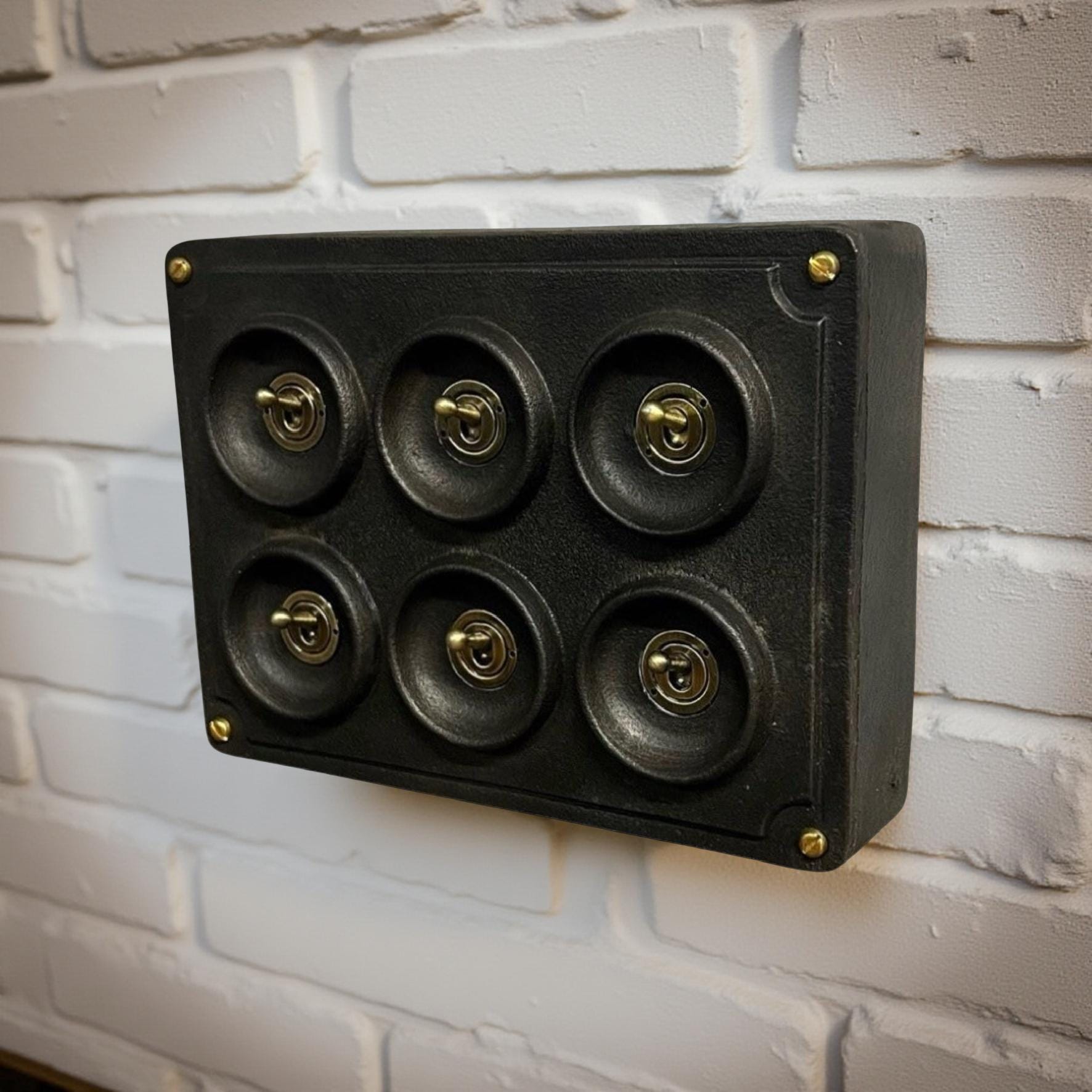 6 Gang 2 Way Black Zinc Solid Cast Metal Conduit Light Switch Industrial - BS EN Approved Vintage Crabtree 1950’s Style