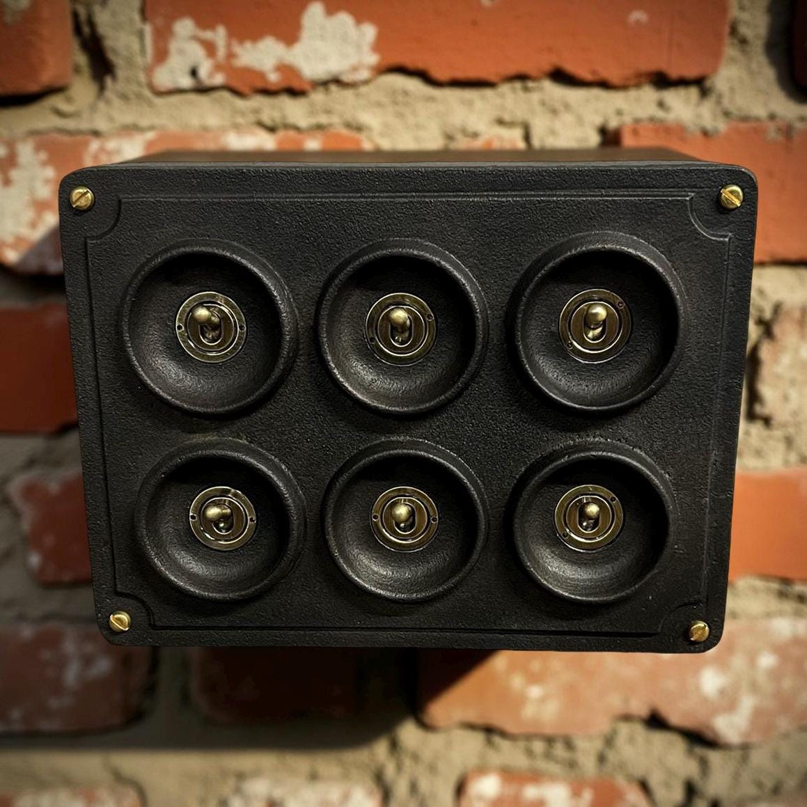 6 Gang 2 Way Black Zinc Solid Cast Metal Conduit Light Switch Industrial - BS EN Approved Vintage Crabtree 1950’s Style