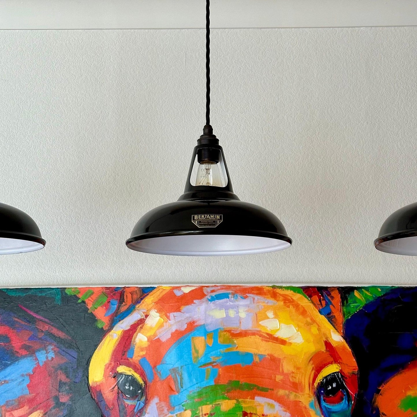 Cawston ~ 3 x Black Lampshade Pendant Set Wooden Track Light | Dining Room | Kitchen Table