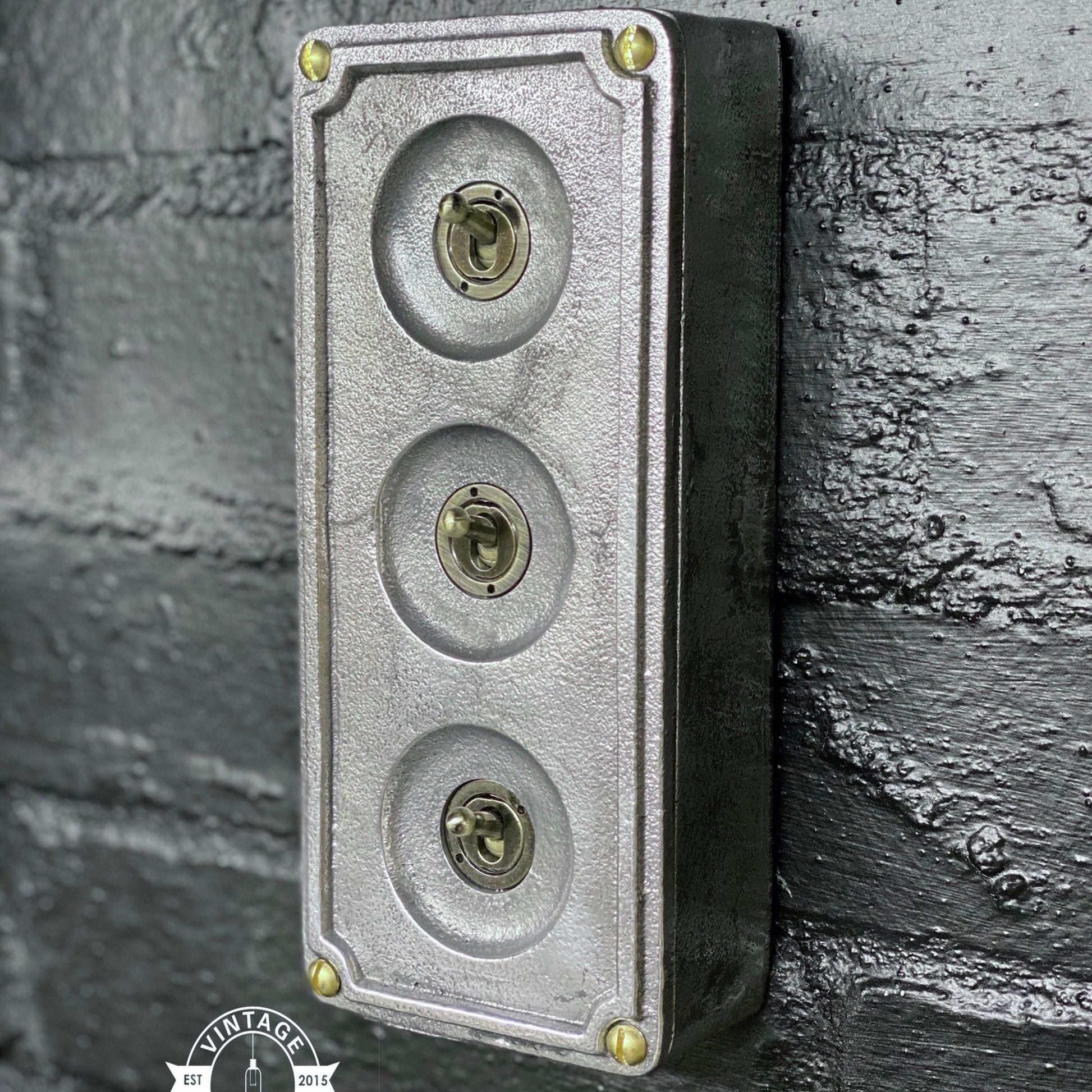 3 Gang 2 Way Solid Cast Metal Surface Mounting Conduit Light Switch Industrial - BS EN Approved Vintage 1950’s Britmac Style