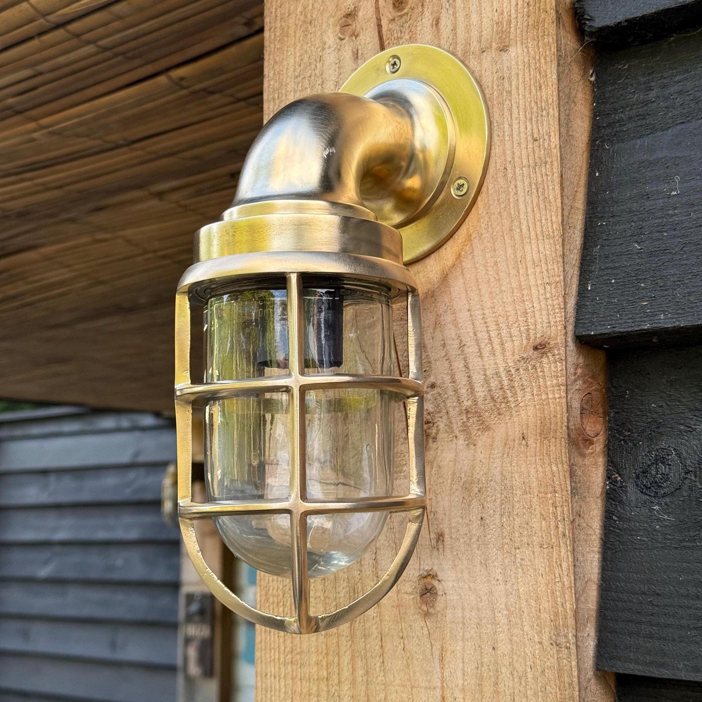Beachamwell ~ Raw Solid Brass Sawn Neck Outdoor & Bathroom Wall Bulkhead Light ~ 10.5 Inch
