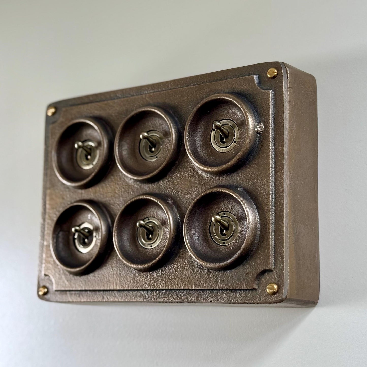 6 Gang 2 Way Antique Brass Solid Cast Metal Conduit Bronze Light Switch - Vintage Crabtree Style