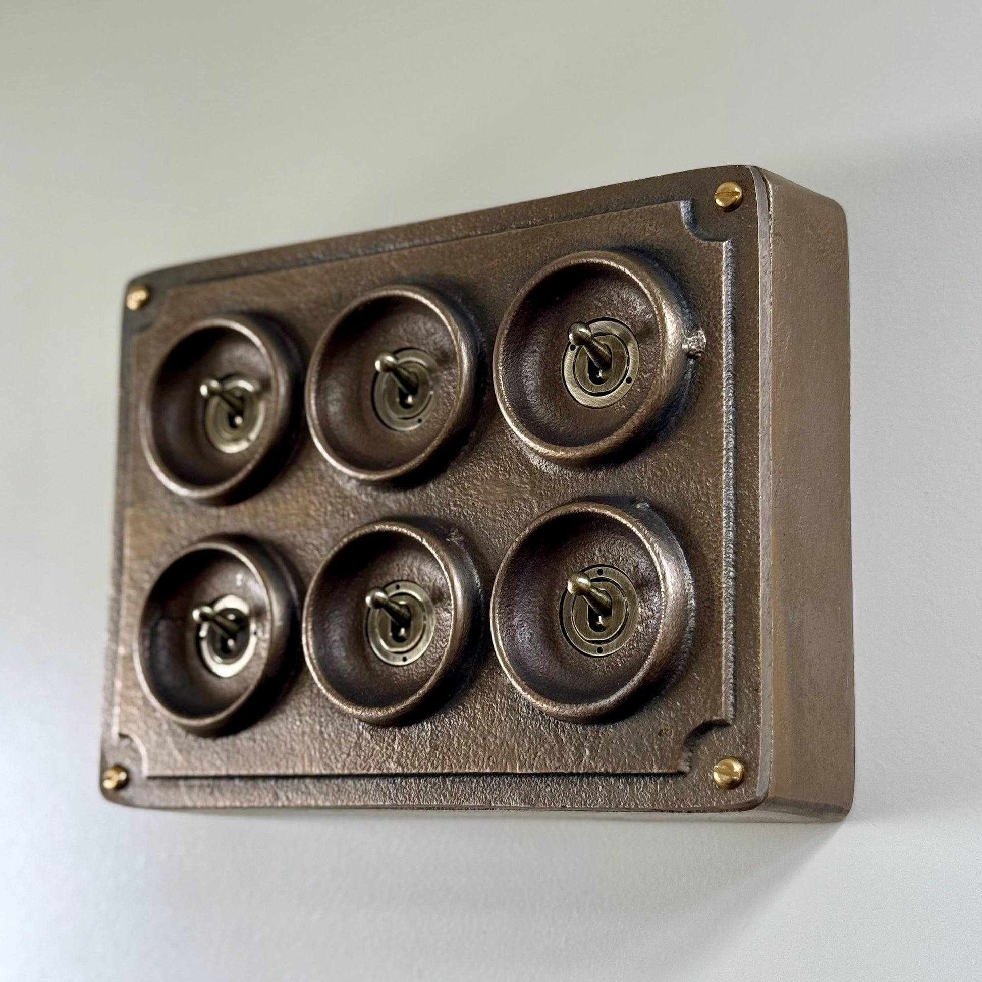 6 Gang 2 Way Antique Brass Solid Cast Metal Conduit Bronze Light Switch - Vintage Crabtree Style