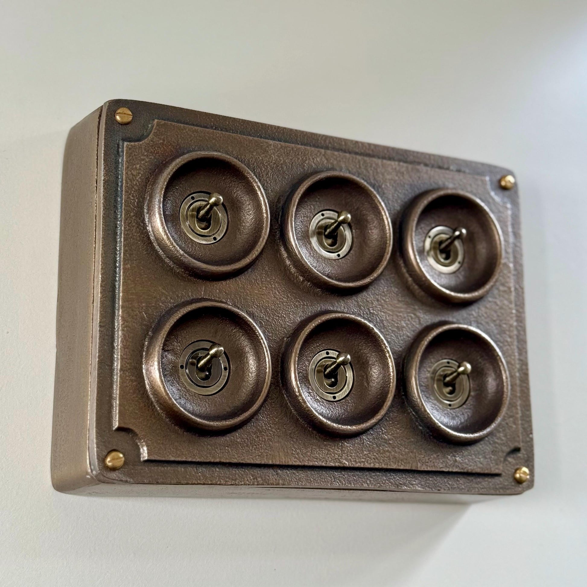 6 Gang 2 Way Antique Brass Solid Cast Metal Conduit Bronze Light Switch - Vintage Crabtree Style