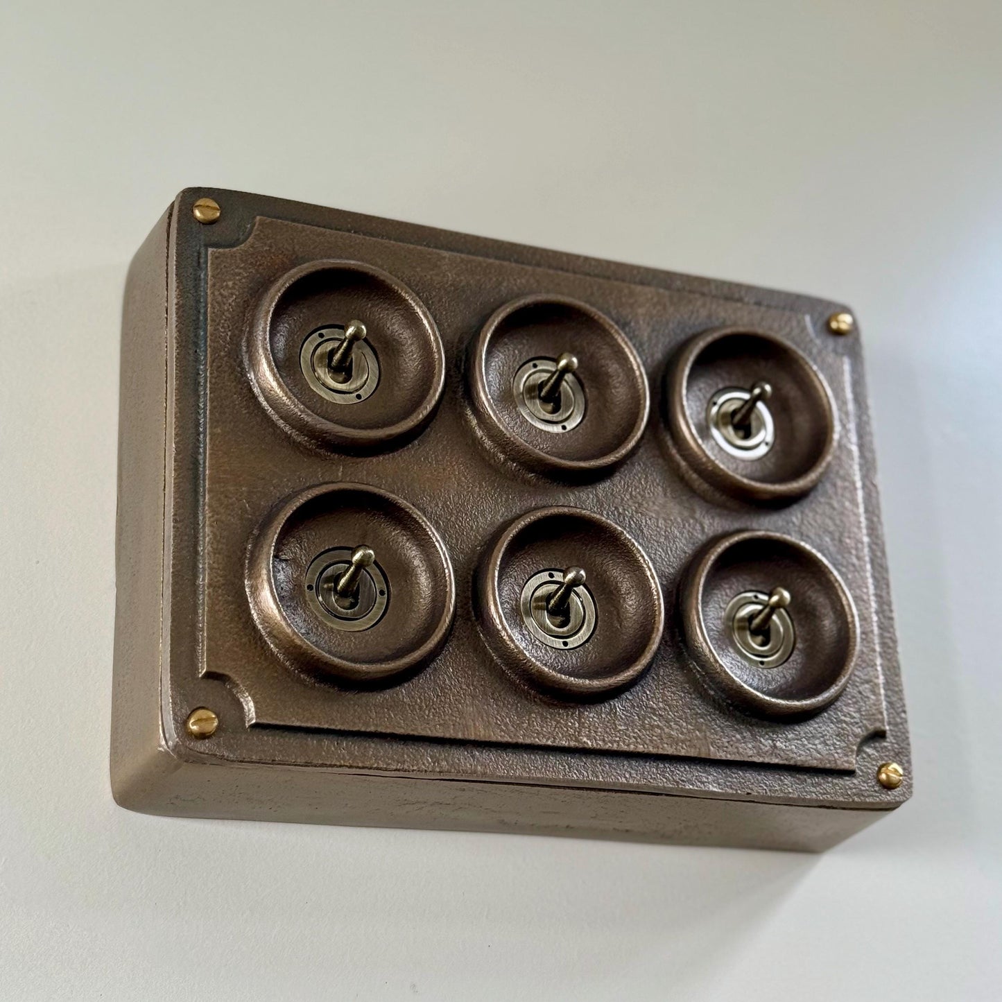 6 Gang 2 Way Antique Brass Solid Cast Metal Conduit Bronze Light Switch - Vintage Crabtree Style