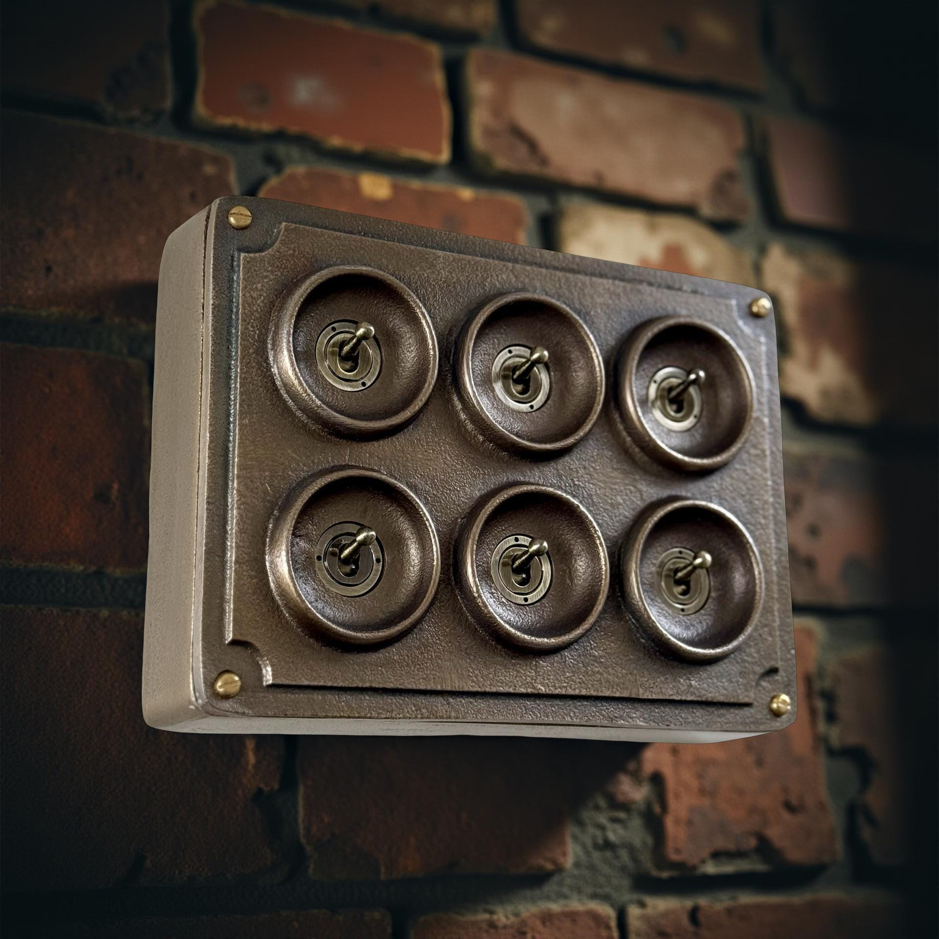 6 Gang 2 Way Antique Brass Solid Cast Metal Conduit Bronze Light Switch - Vintage Crabtree Style
