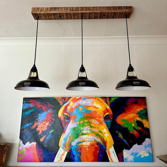 Cawston ~ 3 x Black Lampshade Pendant Set Wooden Track Light | Dining Room | Kitchen Table