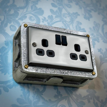 Double Mirror FinishDouble Switched 13A Power Socket 230V 2 Gang 2G Socket Cast Metal Conduit Switch Industrial - BS EN Approved Vintage